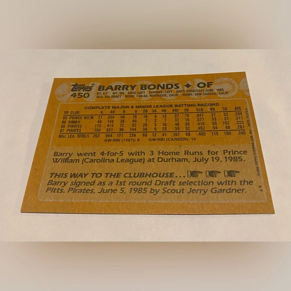 1988 Topps Baseball Card barry bonds